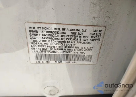 2012 Honda Pilot Ex-L from USA, damaged, VIN 5FNYF3H59CB023737